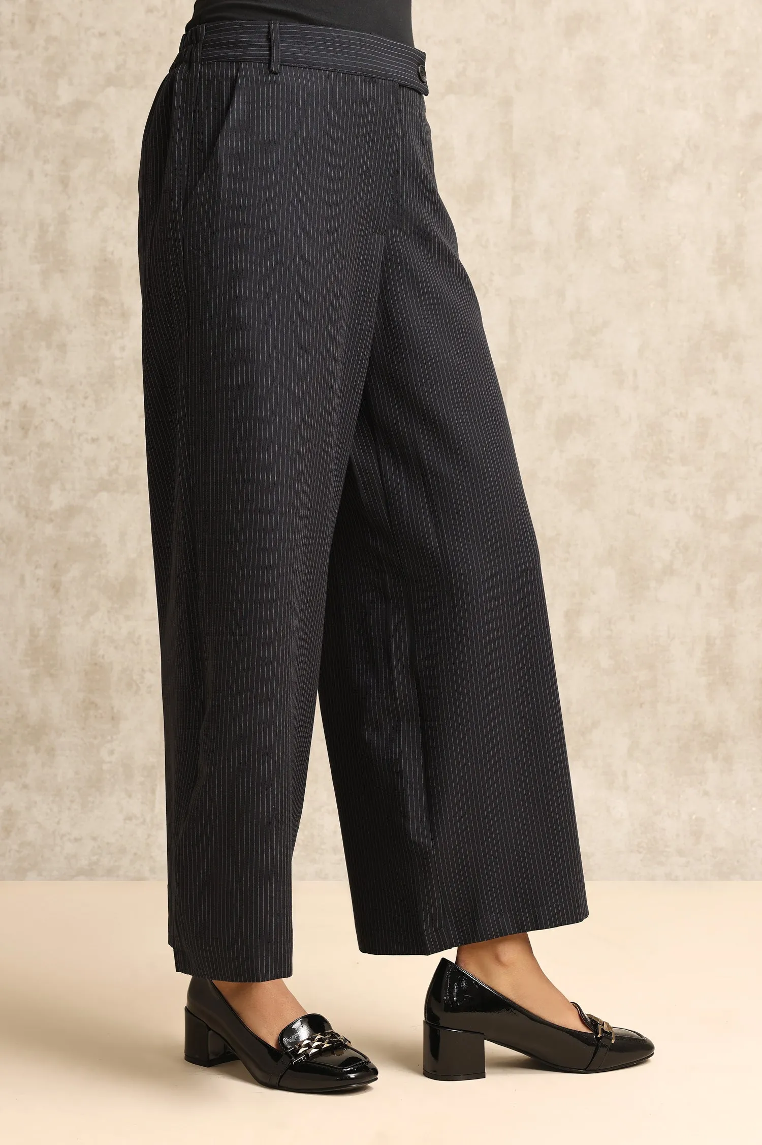 STRIPED WIDE-LEG PANTS-NAVY