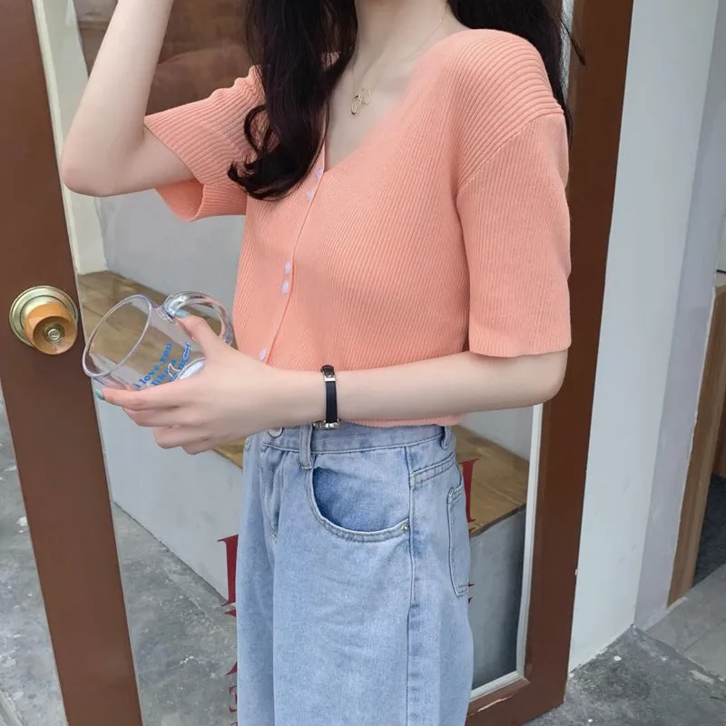 Summer Sweater V-Neck Thin Cardigan Women Short Sleeve Trendy Office Petite Slim Look Tops Outerwear