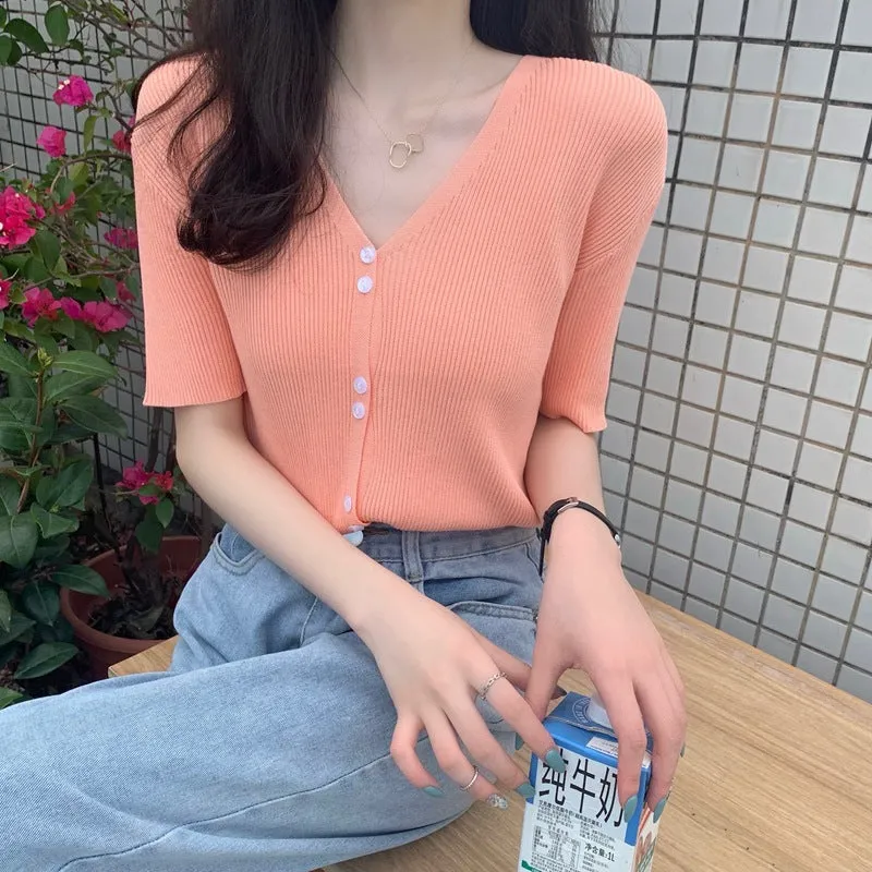 Summer Sweater V-Neck Thin Cardigan Women Short Sleeve Trendy Office Petite Slim Look Tops Outerwear