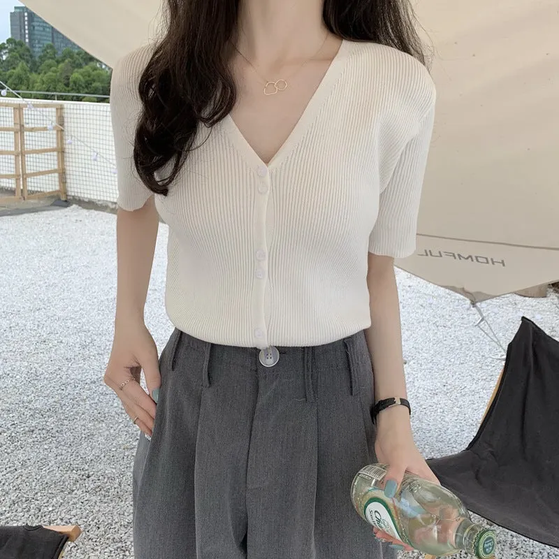 Summer Sweater V-Neck Thin Cardigan Women Short Sleeve Trendy Office Petite Slim Look Tops Outerwear