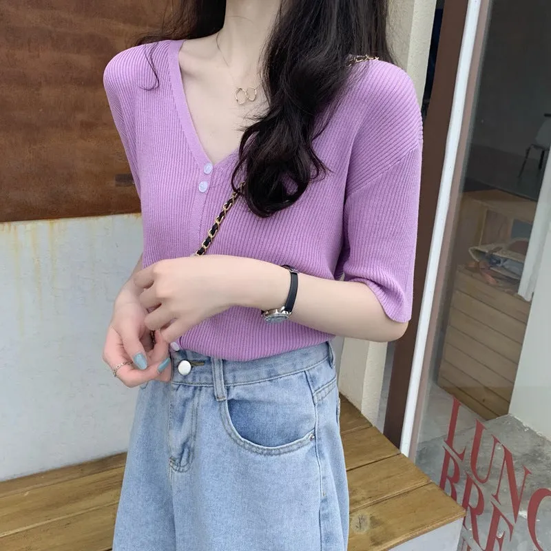 Summer Sweater V-Neck Thin Cardigan Women Short Sleeve Trendy Office Petite Slim Look Tops Outerwear