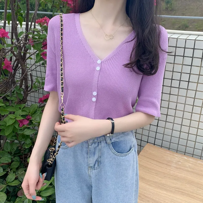 Summer Sweater V-Neck Thin Cardigan Women Short Sleeve Trendy Office Petite Slim Look Tops Outerwear