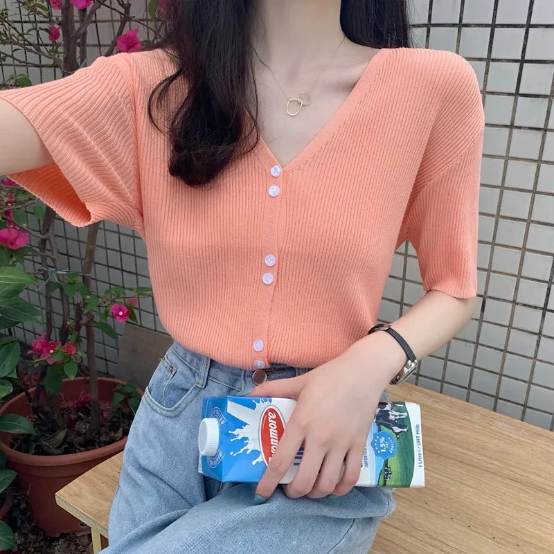 Summer Sweater V-Neck Thin Cardigan Women Short Sleeve Trendy Office Petite Slim Look Tops Outerwear