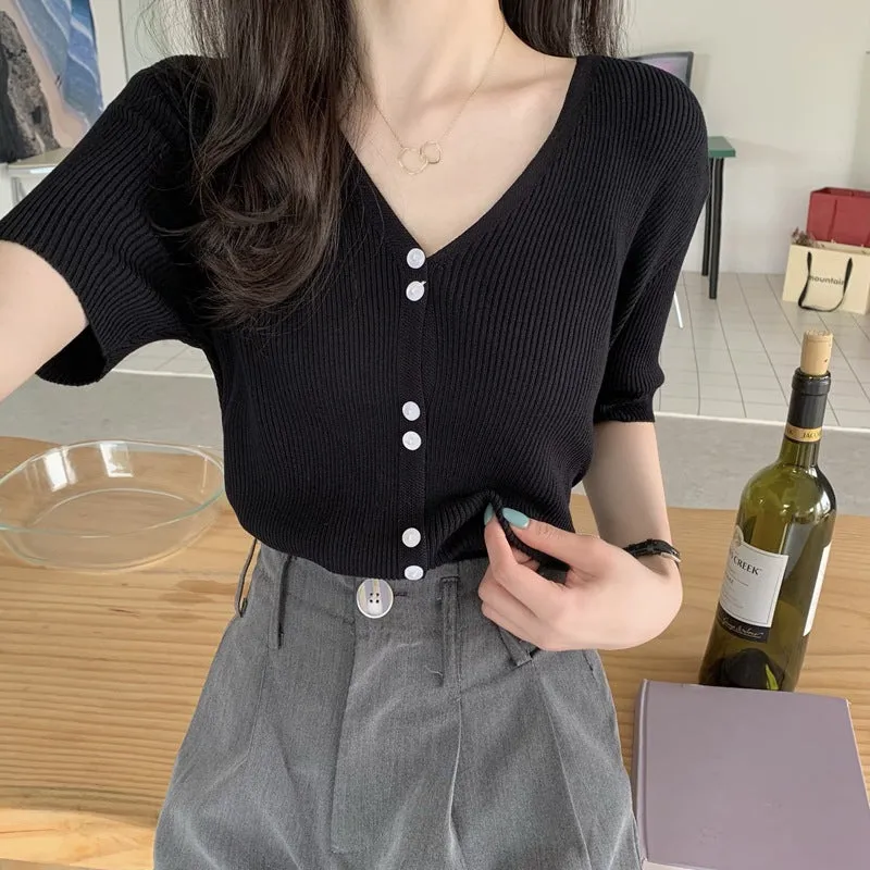 Summer Sweater V-Neck Thin Cardigan Women Short Sleeve Trendy Office Petite Slim Look Tops Outerwear