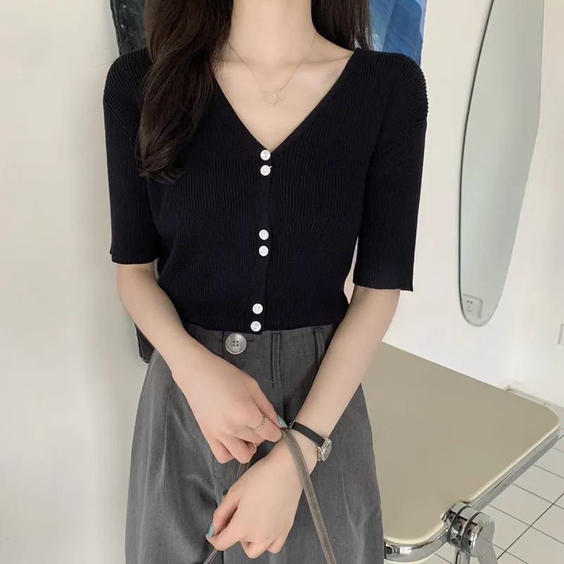 Summer Sweater V-Neck Thin Cardigan Women Short Sleeve Trendy Office Petite Slim Look Tops Outerwear