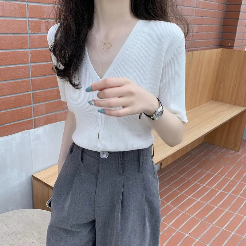 Summer Sweater V-Neck Thin Cardigan Women Short Sleeve Trendy Office Petite Slim Look Tops Outerwear