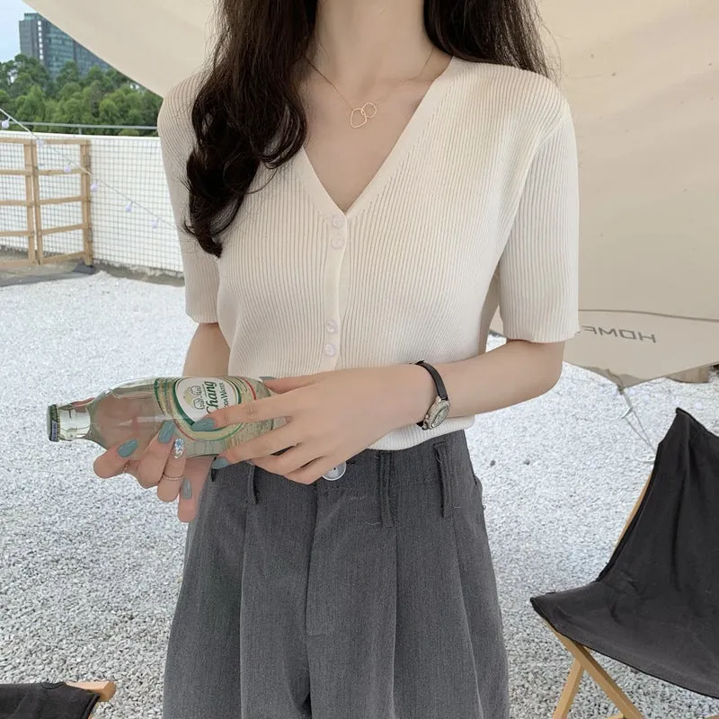 Summer Sweater V-Neck Thin Cardigan Women Short Sleeve Trendy Office Petite Slim Look Tops Outerwear