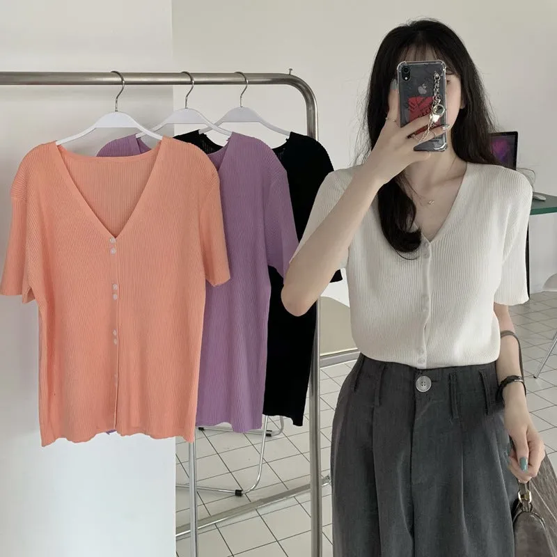 Summer Sweater V-Neck Thin Cardigan Women Short Sleeve Trendy Office Petite Slim Look Tops Outerwear