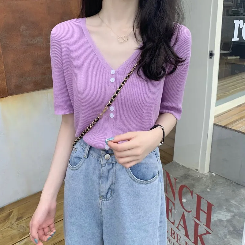 Summer Sweater V-Neck Thin Cardigan Women Short Sleeve Trendy Office Petite Slim Look Tops Outerwear