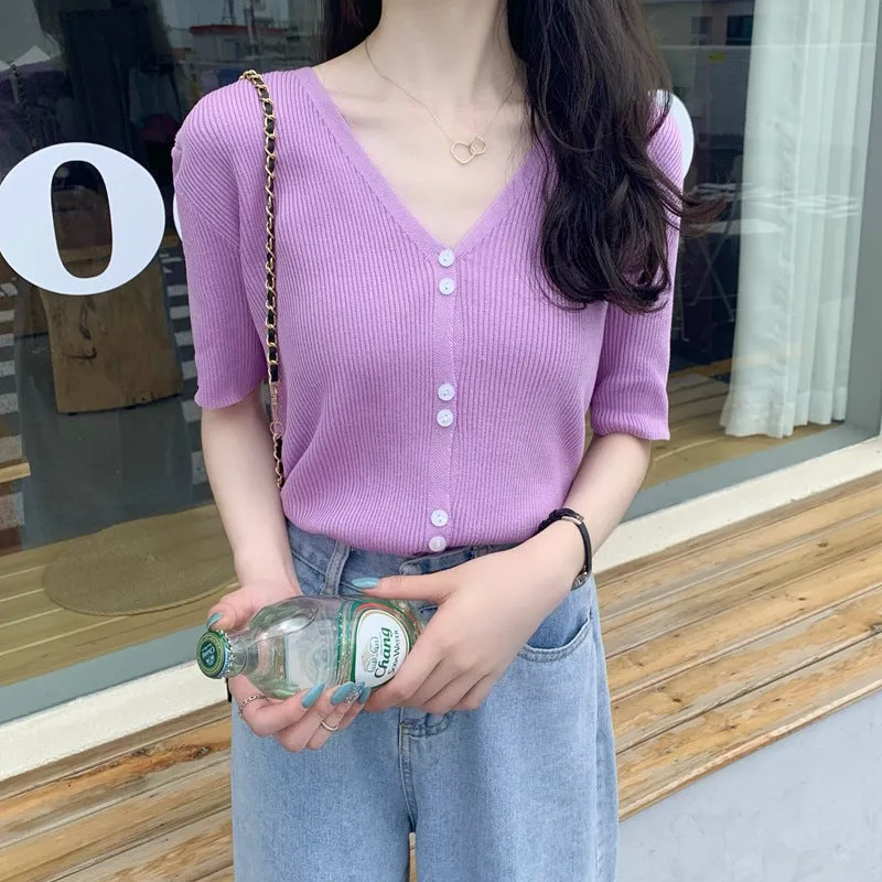 Summer Sweater V-Neck Thin Cardigan Women Short Sleeve Trendy Office Petite Slim Look Tops Outerwear