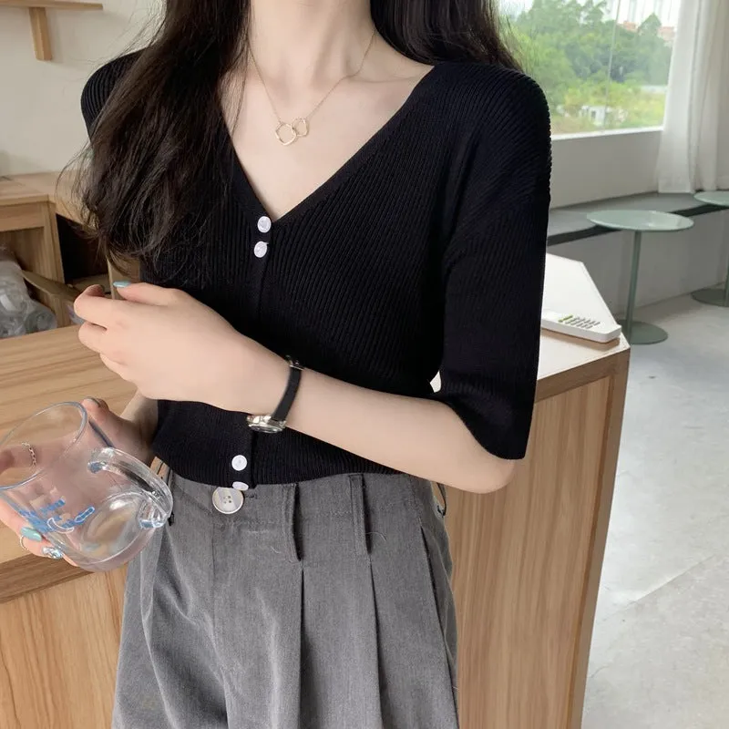 Summer Sweater V-Neck Thin Cardigan Women Short Sleeve Trendy Office Petite Slim Look Tops Outerwear