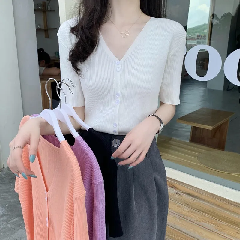 Summer Sweater V-Neck Thin Cardigan Women Short Sleeve Trendy Office Petite Slim Look Tops Outerwear