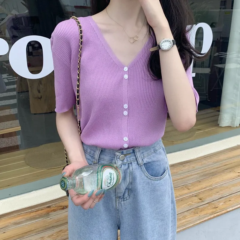 Summer Sweater V-Neck Thin Cardigan Women Short Sleeve Trendy Office Petite Slim Look Tops Outerwear