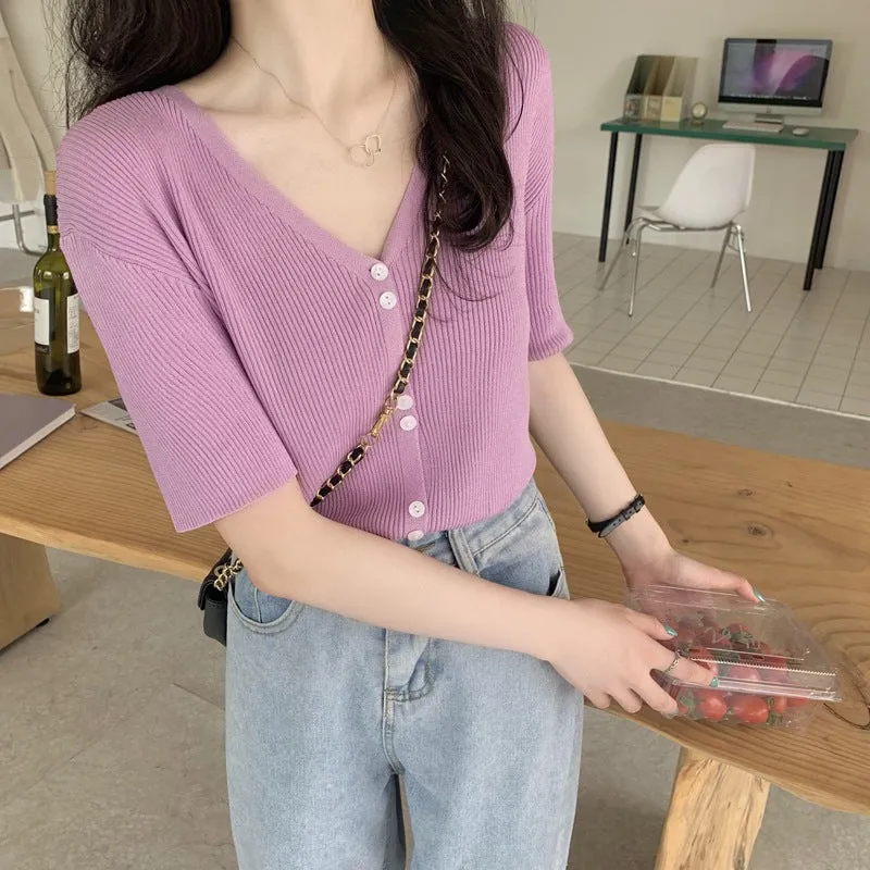 Summer Sweater V-Neck Thin Cardigan Women Short Sleeve Trendy Office Petite Slim Look Tops Outerwear