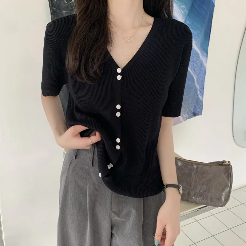 Summer Sweater V-Neck Thin Cardigan Women Short Sleeve Trendy Office Petite Slim Look Tops Outerwear