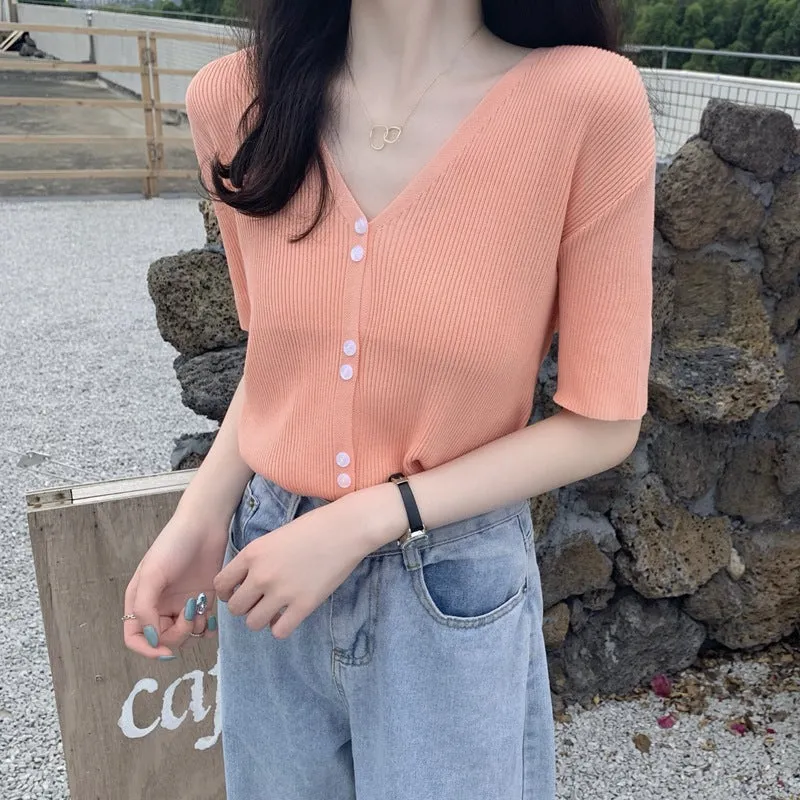 Summer Sweater V-Neck Thin Cardigan Women Short Sleeve Trendy Office Petite Slim Look Tops Outerwear