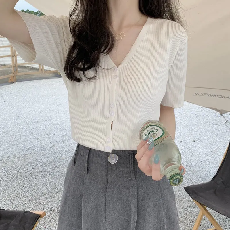 Summer Sweater V-Neck Thin Cardigan Women Short Sleeve Trendy Office Petite Slim Look Tops Outerwear