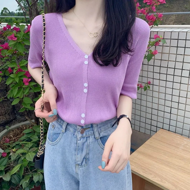 Summer Sweater V-Neck Thin Cardigan Women Short Sleeve Trendy Office Petite Slim Look Tops Outerwear