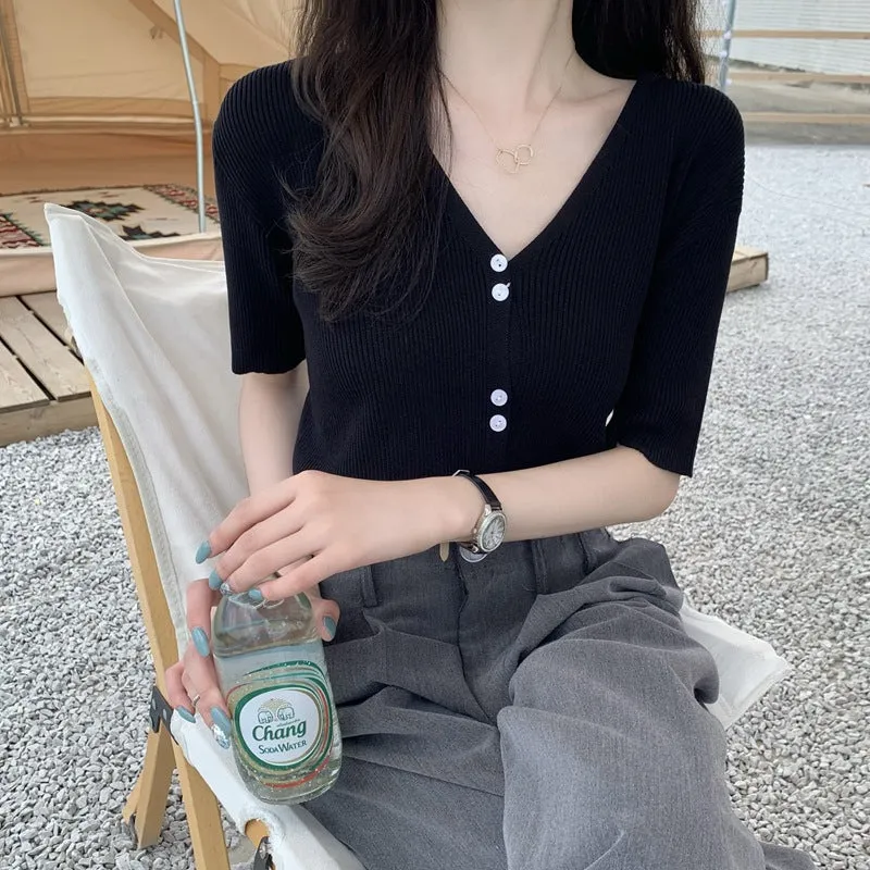 Summer Sweater V-Neck Thin Cardigan Women Short Sleeve Trendy Office Petite Slim Look Tops Outerwear