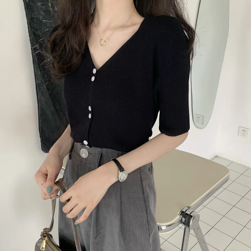 Summer Sweater V-Neck Thin Cardigan Women Short Sleeve Trendy Office Petite Slim Look Tops Outerwear