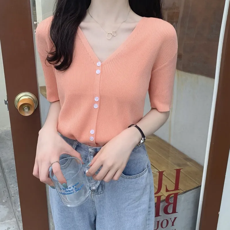 Summer Sweater V-Neck Thin Cardigan Women Short Sleeve Trendy Office Petite Slim Look Tops Outerwear