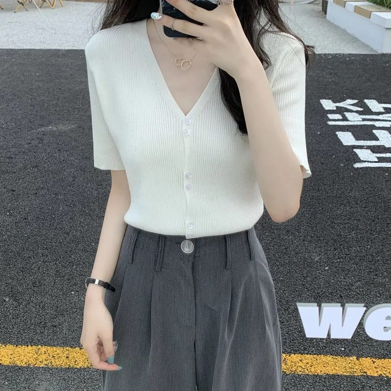 Summer Sweater V-Neck Thin Cardigan Women Short Sleeve Trendy Office Petite Slim Look Tops Outerwear