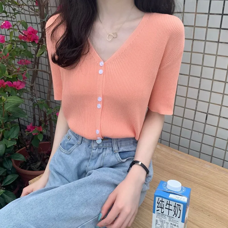 Summer Sweater V-Neck Thin Cardigan Women Short Sleeve Trendy Office Petite Slim Look Tops Outerwear