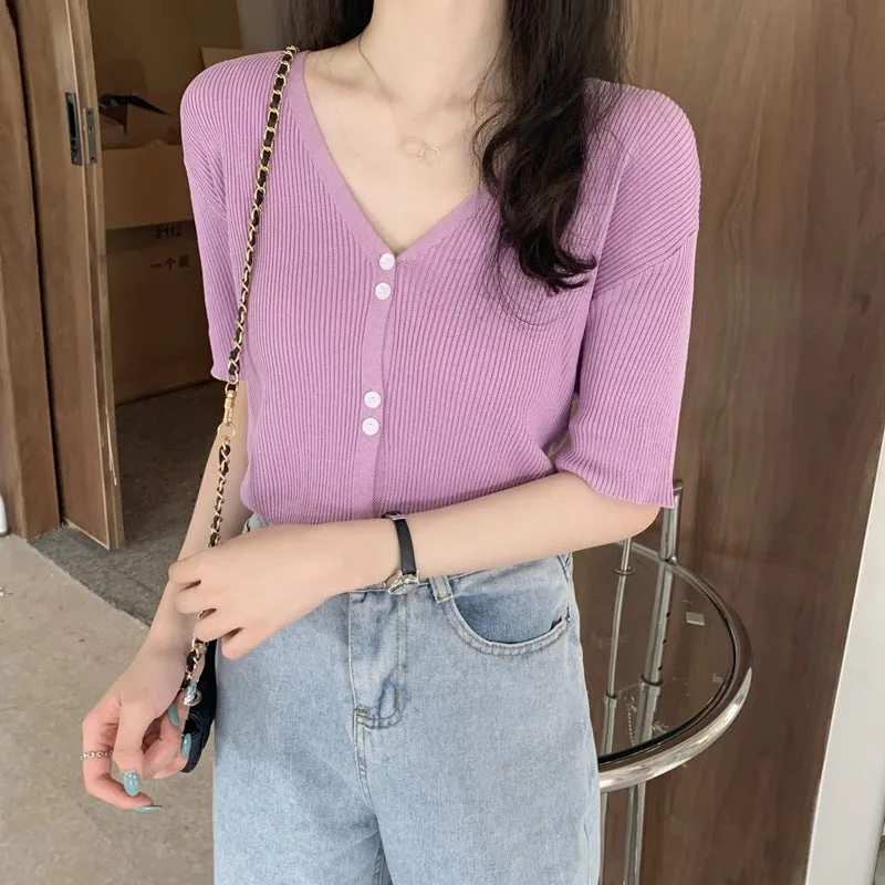 Summer Sweater V-Neck Thin Cardigan Women Short Sleeve Trendy Office Petite Slim Look Tops Outerwear