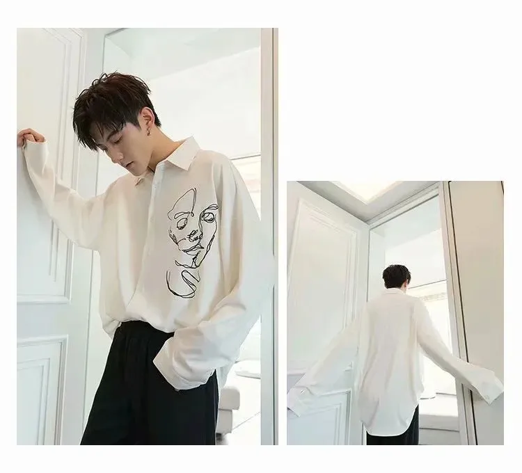 Summer White Black Long Sleeved Shirt Men Korean Loose Trendy Casual Printed Shirt