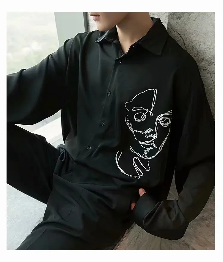 Summer White Black Long Sleeved Shirt Men Korean Loose Trendy Casual Printed Shirt