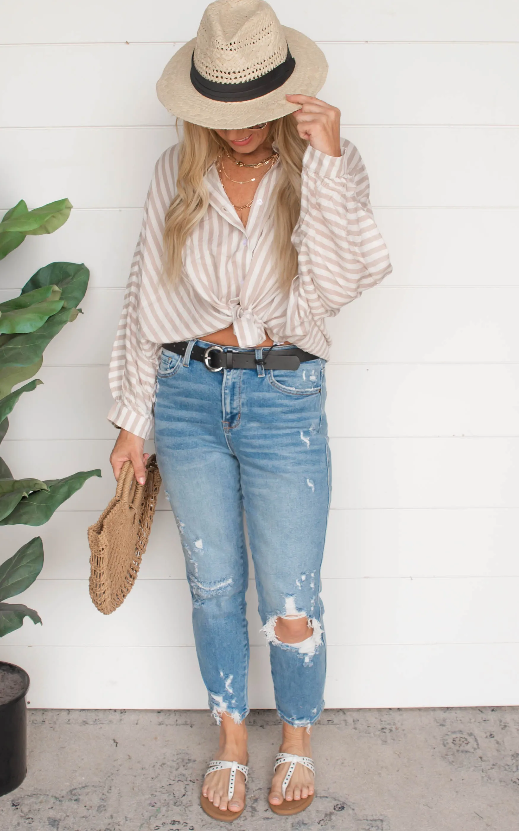 Taupe Striped 3/4 Sleeve Blouse | FINAL SALE