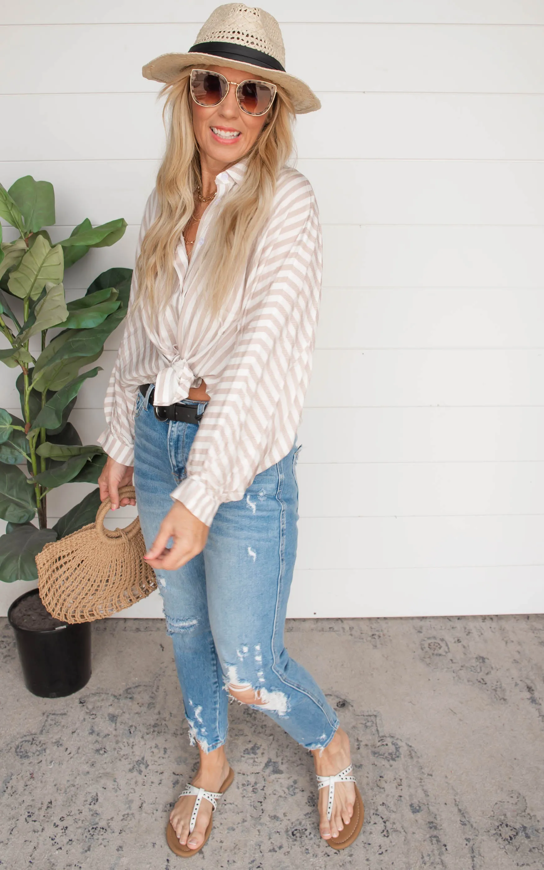 Taupe Striped 3/4 Sleeve Blouse | FINAL SALE