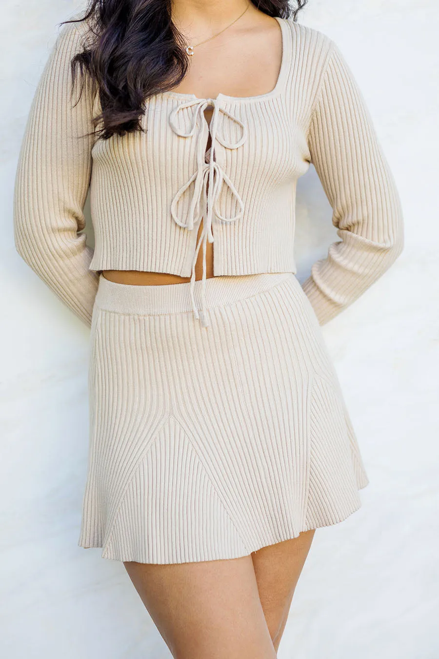 The Round and Round Taupe Knit Mini Skirt