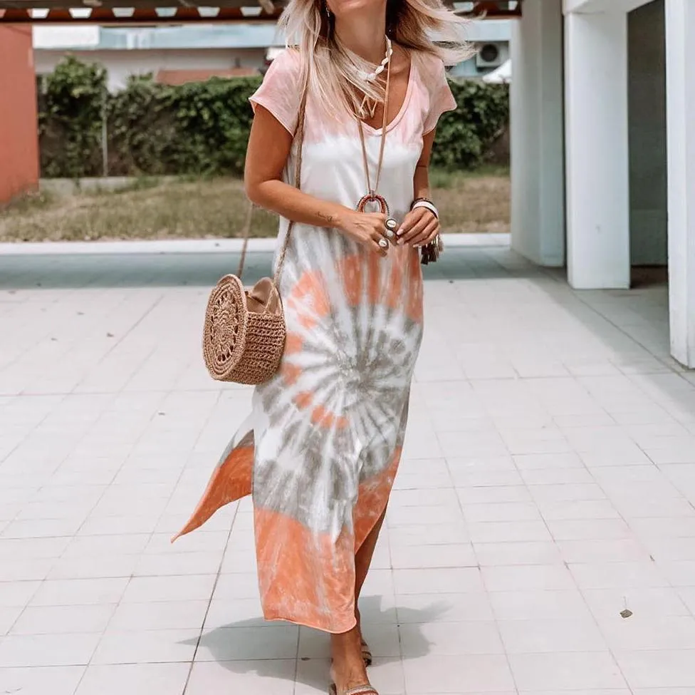 V neck soft tie-dyed printed slit dress