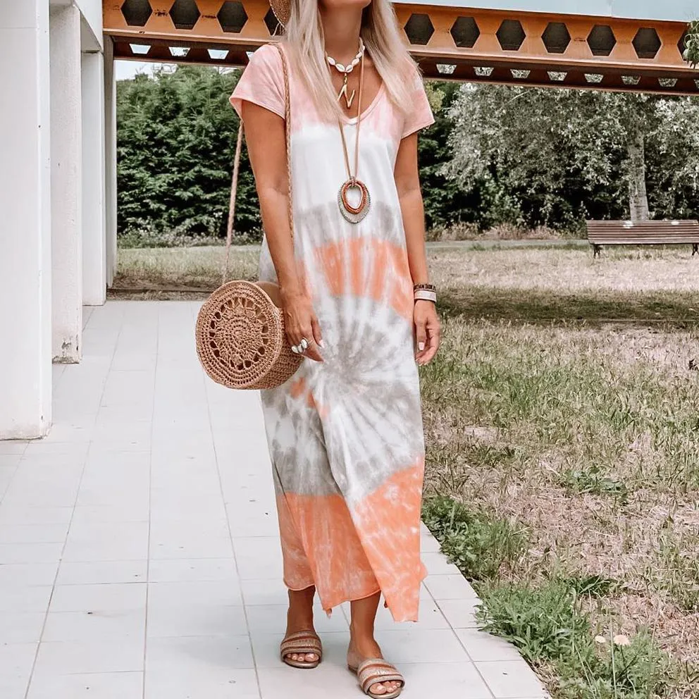 V neck soft tie-dyed printed slit dress