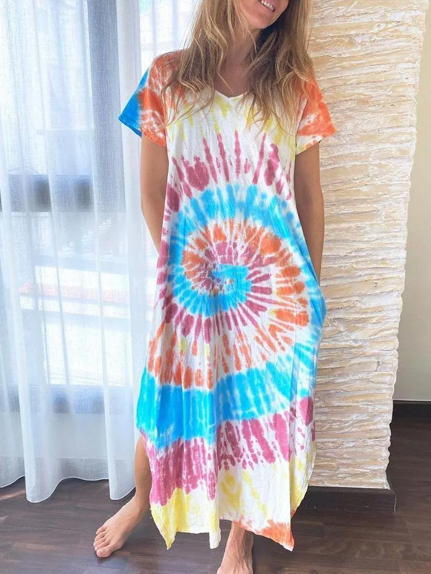 V neck soft tie-dyed printed slit dress