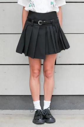 Wool Black Pleated Mini Asymmetrical Skirt