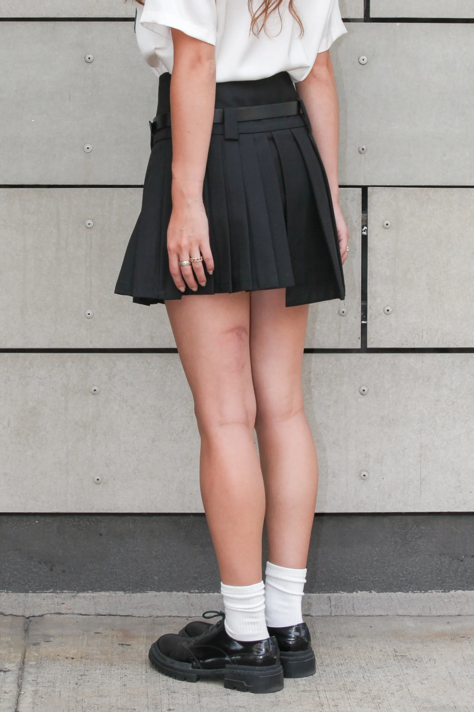 Wool Black Pleated Mini Asymmetrical Skirt